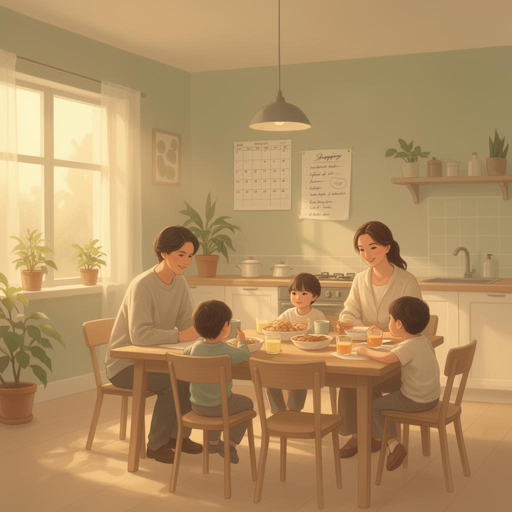 A family sharing breakfast around a kitchen table with a calendar and shopping list on the wall
